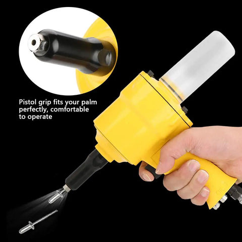 Close-up of Professional Grade Pneumatic Rivet Gun With Knockout Grip Design, showing ergonomic grip and nozzle for easy operation.