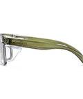 Solid Z87 Compliant Safety Glasses Featuring Kickass Photochromic Transition Lenses With Slick Removable Side Shields side view with clear polycarbonate lenses.