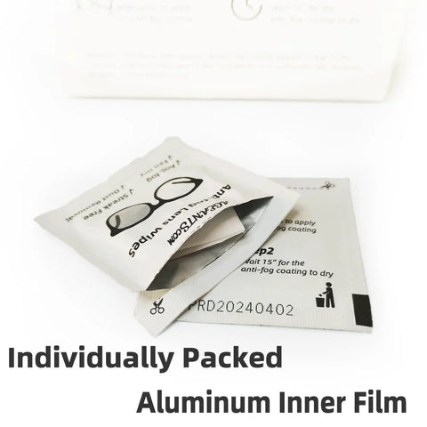 Anti-fog wipe sachets for glasses; individually packed aluminum inner film, pre-moistened lens wipes