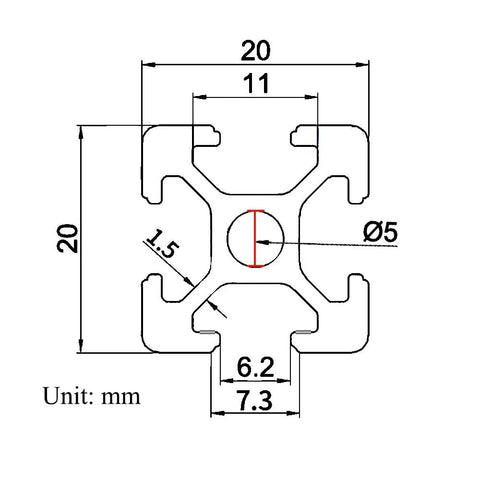 Detailed engineering drawing of the Premium Heavy Duty 8 Pieces 2020 T Slot Aluminum Extrusion Profile dimensions in mm.