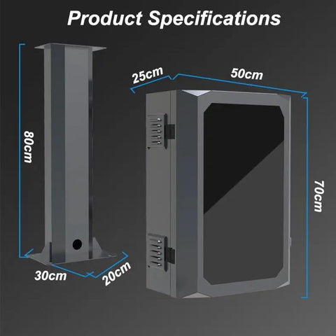 Badass EV Charger Pedestal With Heavy Duty Freestanding Station Enclosure And Cable Organizer Slick Weatherproof Galvanized Steel Housing With Combo Lock For Outdoor Charging specifications with dimensions 80cm height and 50cm width.