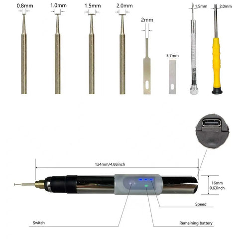 Rechargeable Broken Screw Extractor Kit Featuring Four Precision Grinding Heads For Stripped iPhone And Laptop Repair Tools Portable Electronics Fixing Collection, detail of precision grinding heads and tool dimensions.