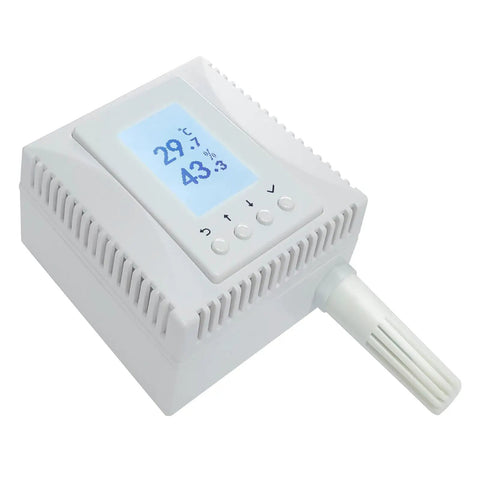 All In One Network Temperature And Humidity Monitor With PoE Power Supply for Smart Buildings, angled front view showing display screen.