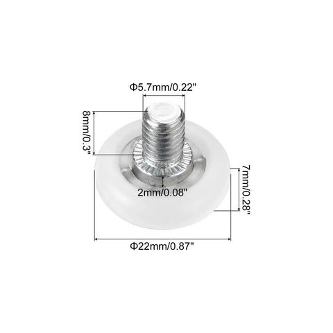 Straight Up 22mm Nylon Drawer Rollers 4 Pack With Stainless Steel Screws, side view of white nylon wheel with measurements.