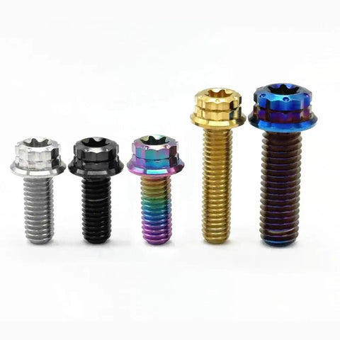 6 Pcs Gold Titanium Bolts M6X50mm T30 Torx Flange Screws Built Like A Tank For Street Rods Machine Shop Grade Gear Zero Slack Grip Perfect For Hot Rod Builds And Custom Bike Assembly Projects displayed in various colors and sizes.