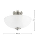 13 Inch Two Light Semi Flush Mount Ceiling Light In Brushed Nickel With Chrome Accents And Frosted Glass Shade Delivers A Warm Diffused Glow For Modern Living Rooms And Hallways. Image showing the light fixture with dimensions.