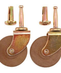 Heavy Duty Brass Finish Wooden Wheel Caster With Smooth As Silk Ball Bearings And Solid Steel Stem For Vintage Furniture Fix Ups That Handle Heavy Loads And Bring Back Old School Charm - close-up of two wooden wheel casters and stems.