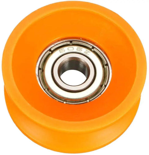 Hella Smooth V Groove Pulley Wheels With Precision Ball Bearing Rollers For Zero Headache Project Builds And Sleek Glide Action Orange Six Thirty Thirteen Millimeter Four Pack view of single orange nylon pulley with ball bearing.