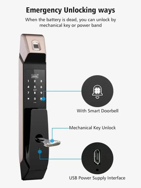 Premium Semiconductor Fingerprint Smart Door Lock With Integrated Doorbell showing emergency unlocking features including mechanical key access.