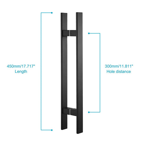 18 Inch Long Beefy Solid Stainless Steel Push Pull Door Handle For Barn Doors And Glass Matte Black Finish Heavy Duty Commercial Grade SUS 304 Standoffs With Deep Engagement Durable Door Pull Hardware shown with dimensions