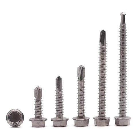 Number 10 X Two Point Five Inch Self Piercing Hex Washer Head Screws For Sheet Metal 50 Pack, various sizes displayed.