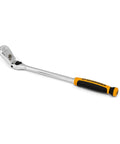 3/8 Inch Drive 90-Tooth Locking Flex Head Teardrop Ratchet, 13 Inch, Dual Material Handle shown from side angle on white background