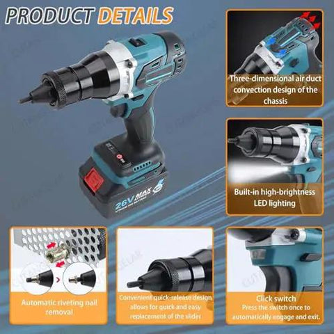 Badass Cordless Automatic Rivet Nut Gun, 26V Battery Power, features LED lighting and quick-release design for easy use.