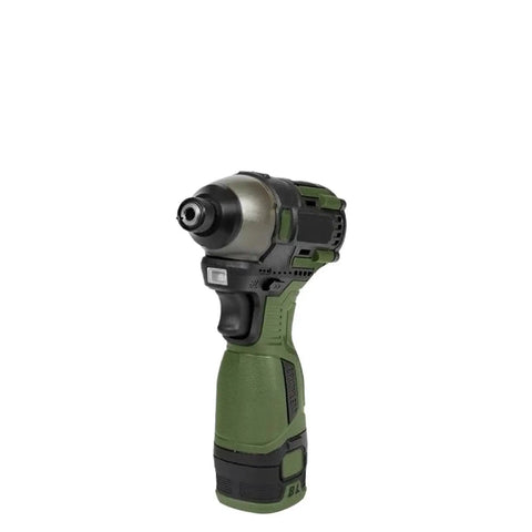 Reliable Daily Driver Cordless Brushless Electric Drill With Metal Ratchet Chuck And 17 Volt Battery Pack, green handle, compact design.