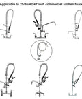 Commercial Sink Sprayer Valve With 44 Inch Hose Replacement Kit For Heavy Duty Restaurants And Professional Kitchen Sinks Includes Free Brass Adapter To Connect Add On Swivel Spout And Durable Stainless Steel Hose displayed with multiple faucet option