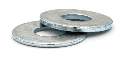 Heavy Duty Zinc Plated Flat Washers Us Spec 2 5/8 Inch Central Opening Over 5 Inch Outer Edge Point Two Four Five Thick Steel Pack Of One Hundred close-up view of two zinc plated flat washers.