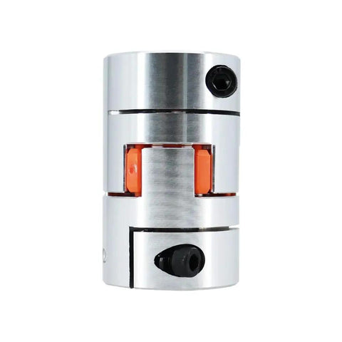 Jaw Shaft Coupler Claw Type Flexible Connector For Cnc Stepper And Servo Motors, silver metallic body with orange flexible claws.