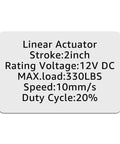 Specifications card for Smooth as Butter Silent Electric Linear Actuator 12V with 2 inch stroke and 330 lbs capacity.
