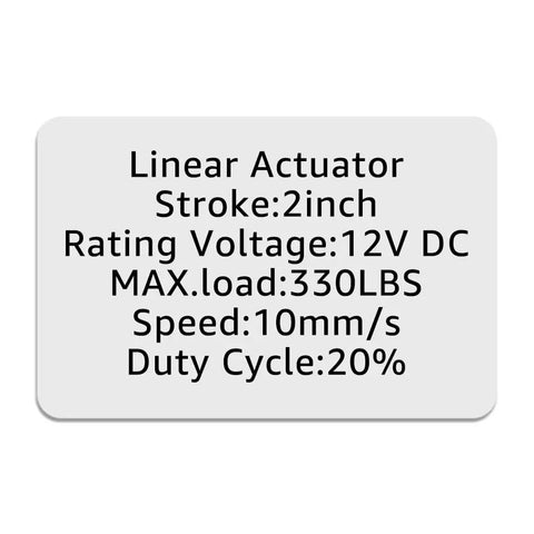 Specifications card for Smooth as Butter Silent Electric Linear Actuator 12V with 2 inch stroke and 330 lbs capacity.