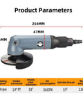 Heavy Duty 4 Inch Pneumatic Angle Grinder With Stepless Speed Control And Front Exhaust Cooling For Crushing Rust Polishing Steel, dimensions and specs shown.
