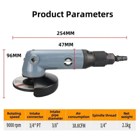 Heavy Duty 4 Inch Pneumatic Angle Grinder With Stepless Speed Control And Front Exhaust Cooling For Crushing Rust Polishing Steel, dimensions and specs shown.