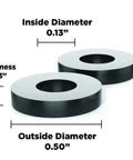 Close-up of Sorbothane Vibration Isolation Washers 50 Durometer Black Rubber Bushings, showing 0.13" bore and 0.50" outside diameter.