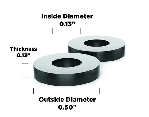 Close-up of Sorbothane Vibration Isolation Washers 50 Durometer Black Rubber Bushings, showing 0.13" bore and 0.50" outside diameter.