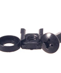 Precision Heavy Duty M6 Cage Nut Kit With Screws And Protective Washers For Server Rack Mounting showing black screw, cage nut, and washer.