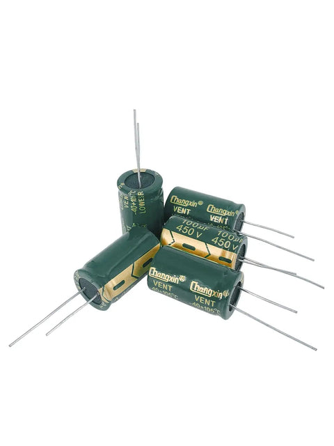 Beast Mode 5 Pack Of 450V 100UF Aluminum Radial Electrolytic Capacitors With Extra Long Leads ready for tube amp mods.