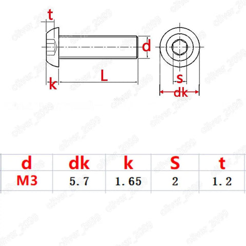 Bulletproof Titanium Button Head Screws M3x16mm technical drawing with dimensions including d, dk, k, s, and t for precise specifications.