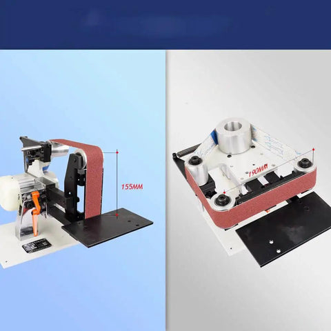 Rock Solid Brushless Belt Sander Paired With Adjustable Knife Grinder and Flip Angle Setup for Fast Blade Sharpening on Wood and Metal, showing dimensions.