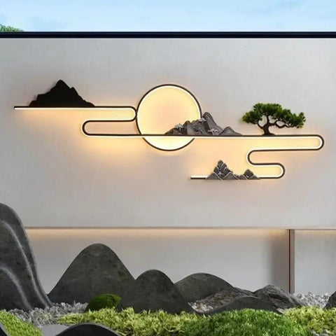 Level Up Your Outdoor Setup With These Chinese Style Wall Lamps Super Hassle Free Vertical Or Horizontal Hang Solid Garden Landscape Lights Adding Chill Vibes To Any Yard Or Patio - Modern metal wall lamp with mountain and sun design.