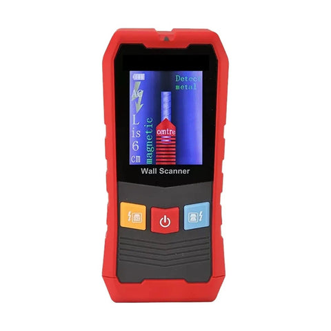 Hit The Mark With This Solid Performing Wall Scanner And Stud Finder Featuring Adjustable Sensitivity For Pinpoint Detection Of Metal Pipes Electrical Lines And Hidden Blockages To Make Home Projects Total No Sweat Effort, red handheld unit with display.