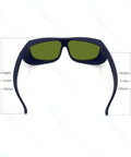 Hardcore Pro Grade Laser Safety Glasses Offering Genuinely Legit OD Eight Plus Protection Over UV And IR Spectrums, front view with dimensions.