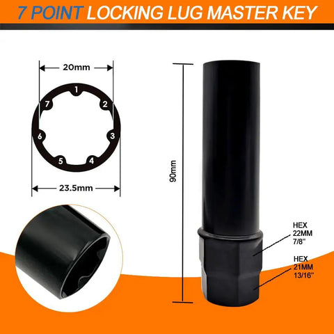 Heavy Duty Two Piece Tuner Socket Set Featuring Ironclad Six And Seven Spline Lug Nut Removal Tools with 7 Point Locking Lug Master Key