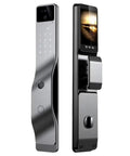 Slick Smart Door Lock Featuring Built In Camera Voice Intercom And Fast Fingerprint Scan Password Entry Along With Hella Secure Auto Deadbolt showing sleek gray design and integrated camera.