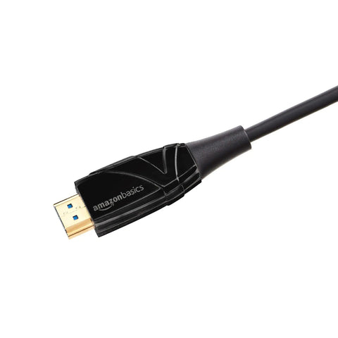 Close-up of 50 Ft HDMI Fiber Optic Cable Featuring Gold Plated Connectors 18Gbps Throughput Ultra HD 4K At 60Hz Supports Ethernet.
