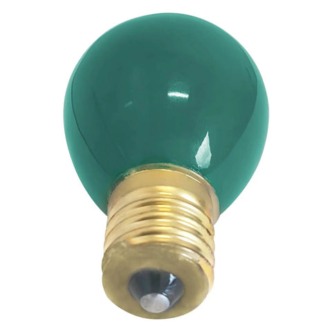 Slick Green Light Bulbs Two Pack 10 Watt 130 Volt S11 Shape With E17 Screw Base top view showing smooth round glass and gold base.