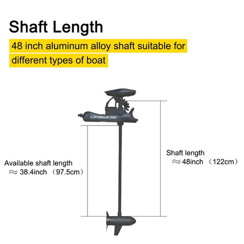 48 inch aluminum alloy shaft of Badass 55 Lb Thrust Electric Bow Mount Trolling Motor with measurements.