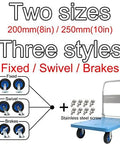 Two sizes and three styles of Heavy Duty Swivel Casters Pack Of 2 With Secure Brakes And Mounting Plates featured on a cart.