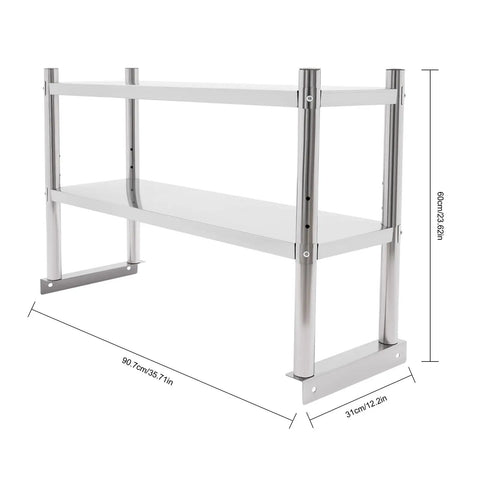 Heavy Duty Two Tier Stainless Steel Storage Rack And Adjustable Standing Shelf Unit Built Tough No Sweat Organization For Kitchen Restaurant Or Store Display Use Sleek Metal Frame with dimensions shown.