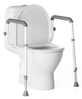 Adjustable Toilet Safety Rails For Seniors With Locking Mounts To Seat Holes, heavy-duty steel support frame attached to toilet.