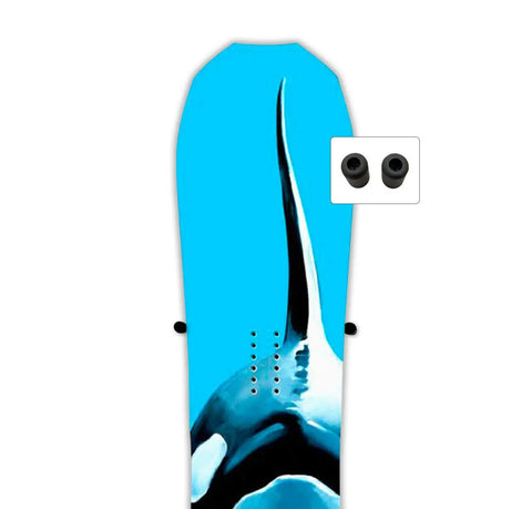 Minimalist Snowboard Wall Mount Display Rack Featuring Felt Padded Arms And Durable Rubber Grip To Stash Your Sick Ride Securely In Garage Or Home Studio And Recreation Room with a blue artwork design.