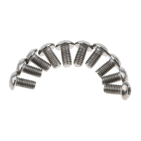Rock Solid Gr1 Titanium M3 Socket Head Cap Screw Assortment With Ten Heavy Duty Fasteners In Six To Fifteen Millimeter Sizes arranged in a curve.
