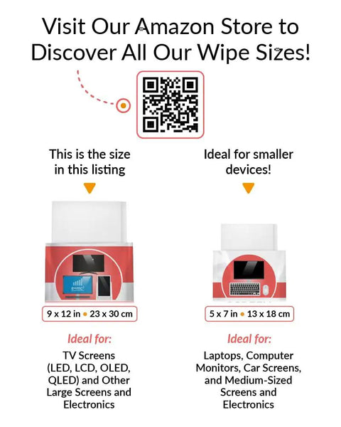 Size chart for XL Pro Grade Electronics Cleaning Wipe for TV Monitor and Laptop with QR code and product images.