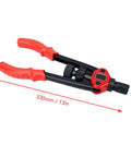 Rivet Nut Tool Kit With Interchangeable Mandrels And Storage Box, showing 13-inch red and black tool with quick head replacement.