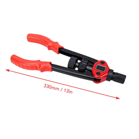 Rivet Nut Tool Kit With Interchangeable Mandrels And Storage Box, showing 13-inch red and black tool with quick head replacement.