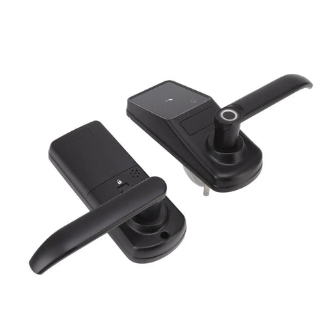 Kick Back And Relax With This Heavy Duty Smart Door Lock Boasting Instant Fingerprint Scan Plus Straightforward Password Entry And Smooth Phone App Hookup So You Can Easily Ditch Those Old House Keys At Your Front Door, black electronic lock with keypad and handle.