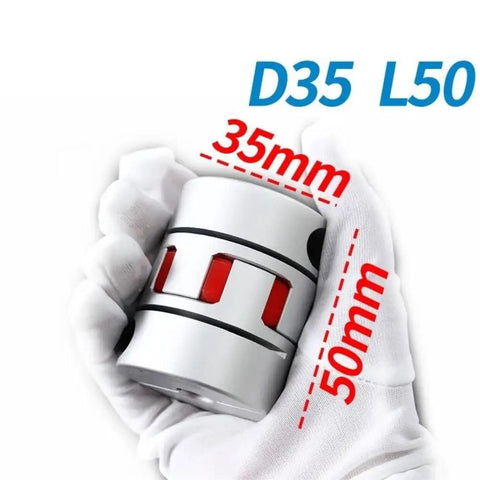 35X50mm Alloy Jaw Flexible Shaft Coupler Bad Boy held in hand, featuring 35mm width and 50mm length for CNC and 3D printer use.