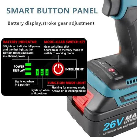 Smart button panel of Grab And Go Cordless Electric Rivet Tool Kit showing battery display and gear adjustments.
